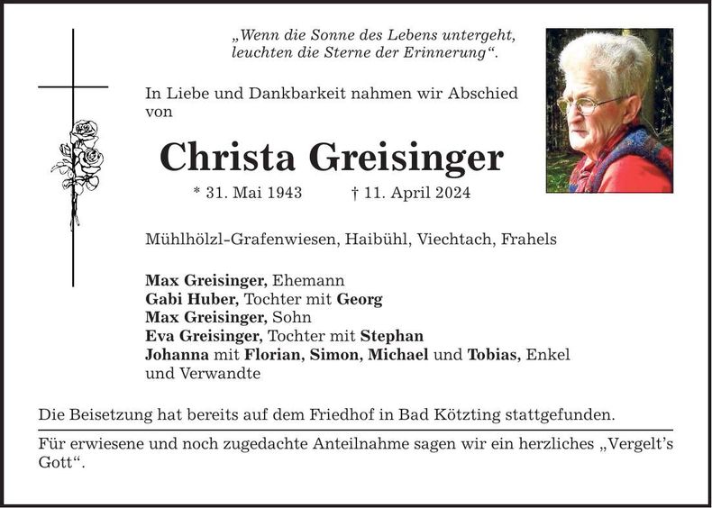 Traueranzeige Christa Greisinger