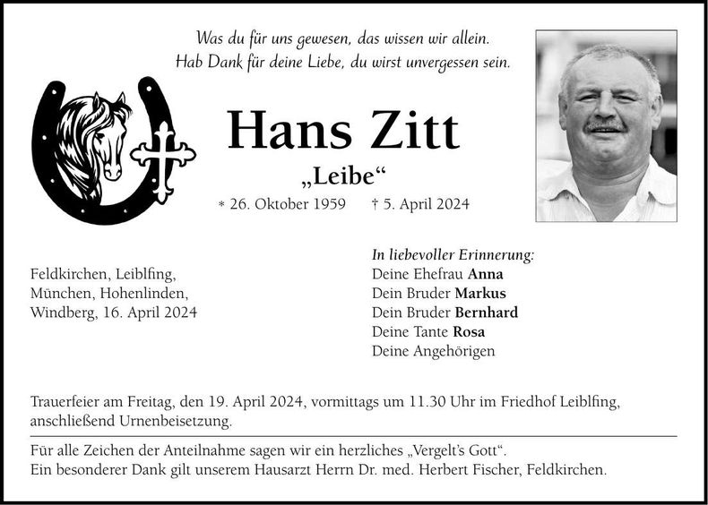 Traueranzeige Hans Zitt