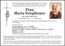 Traueranzeige Maria Stieglbauer