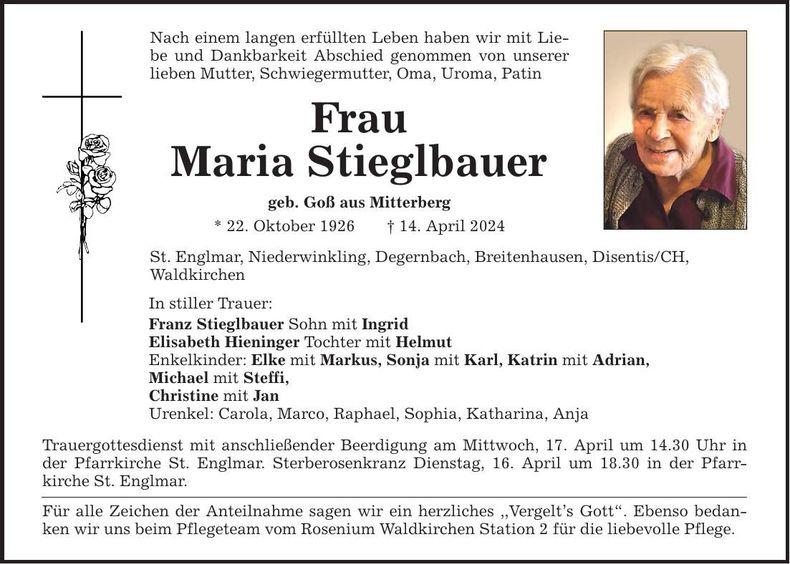 Traueranzeige Maria Stieglbauer
