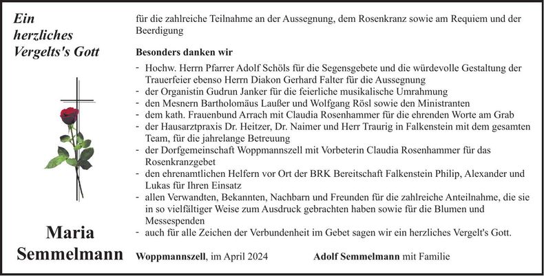 Traueranzeige Maria Semmelmann