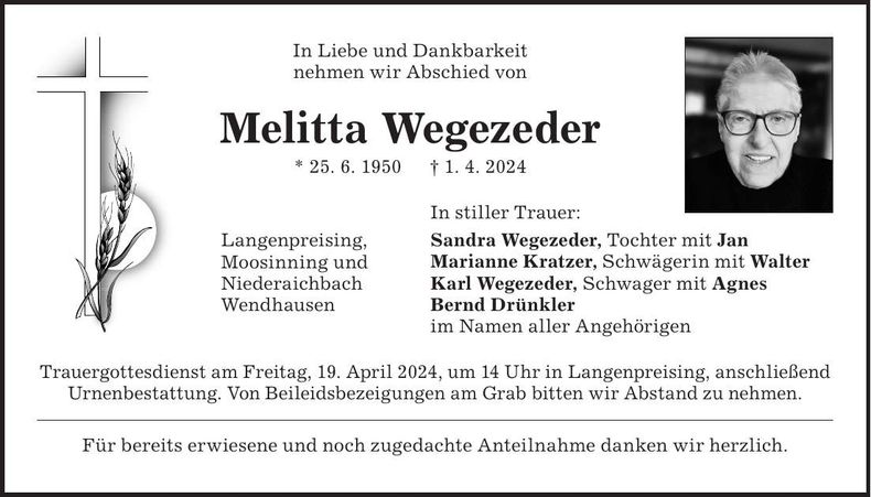 Traueranzeige Melitta Wegezeder