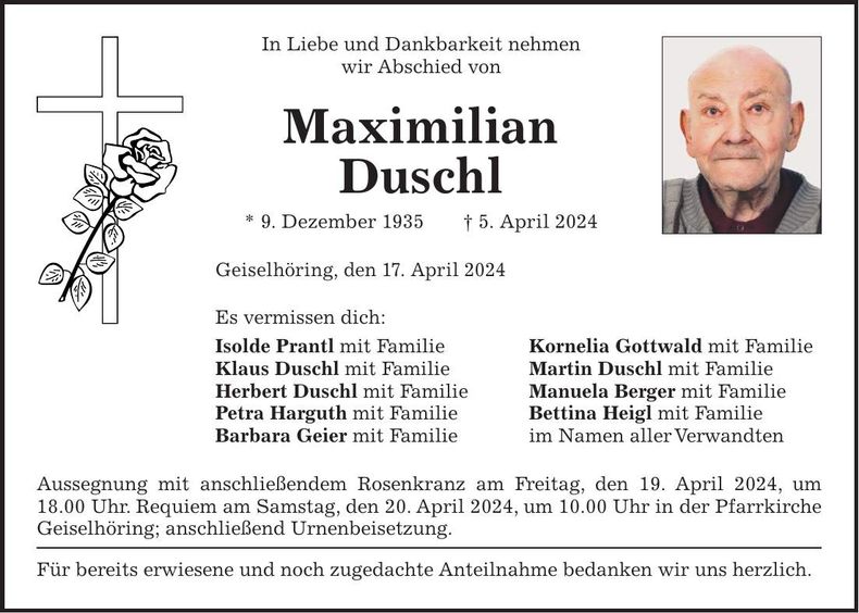 Traueranzeige Maximilian Duschl