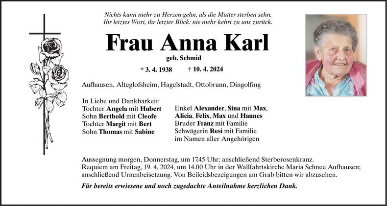 Traueranzeige Anna Karl