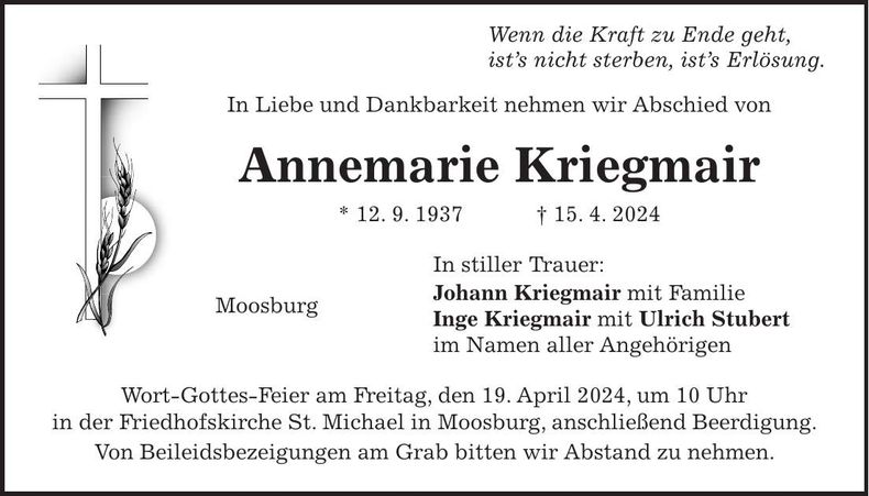 Traueranzeige Annemarie Kriegmair