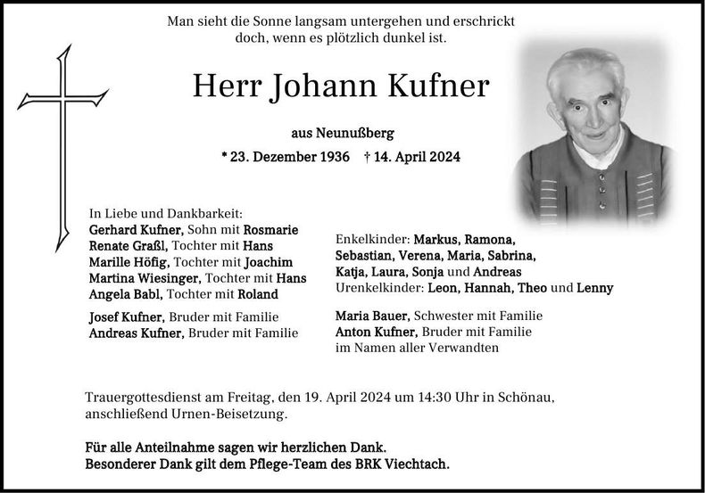 Traueranzeige Johann Kufner