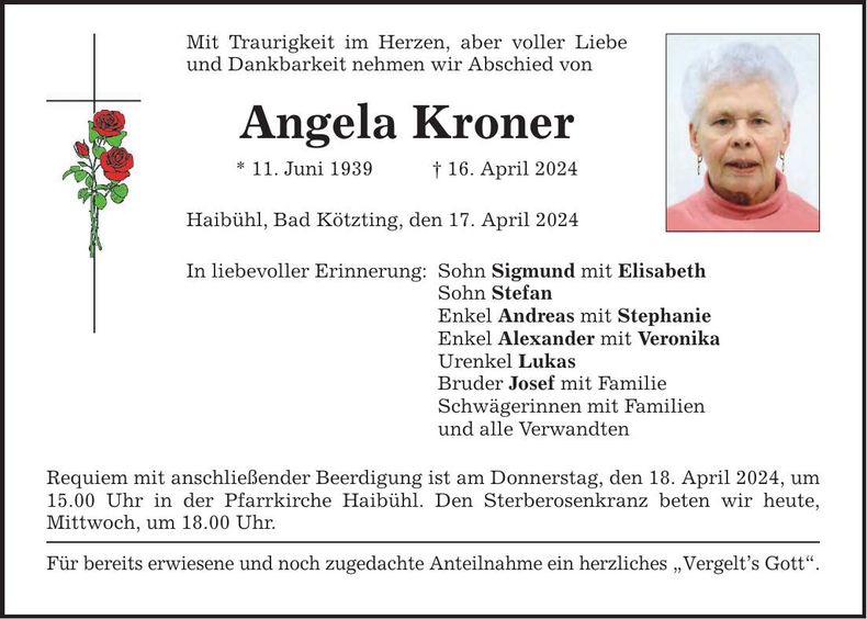 Traueranzeige Angela Kroner