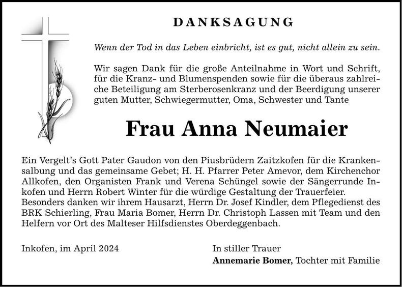 Traueranzeige Anna Neumaier