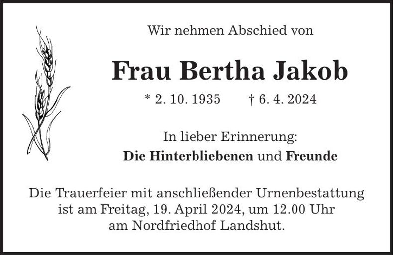 Traueranzeige Bertha Jakob