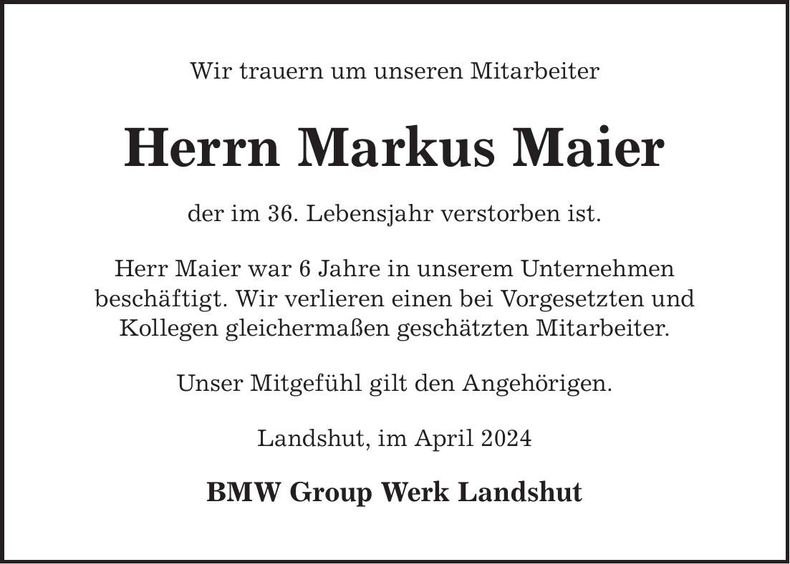 Traueranzeige Markus Maier