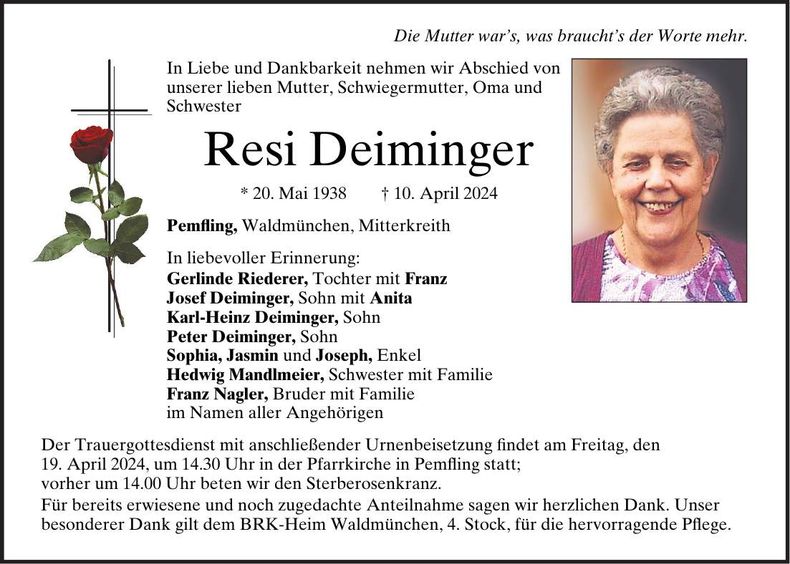 Traueranzeige Resi Deiminger