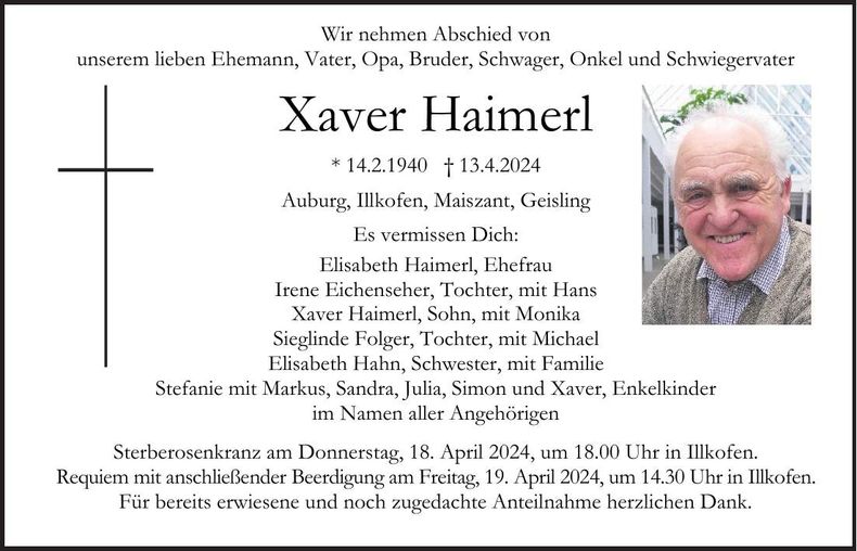 Traueranzeige Xaver Haimerl