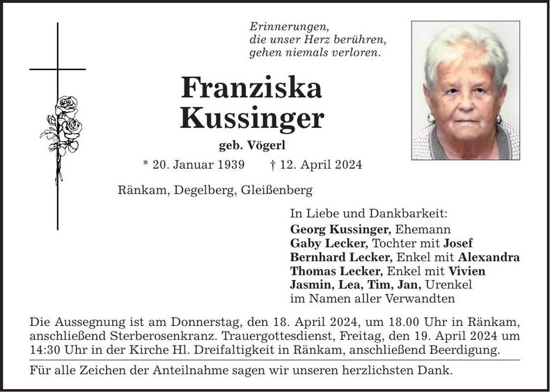 Traueranzeige Franziska Kussinger