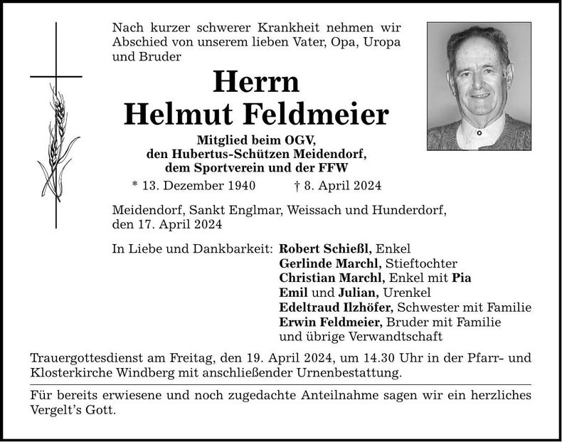 Traueranzeige Helmut Feldmeier