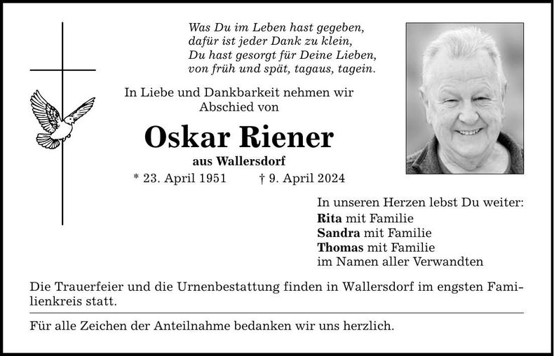 Traueranzeige Oskar Riener
