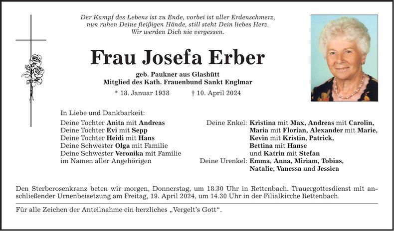 Traueranzeige Josefa Erber