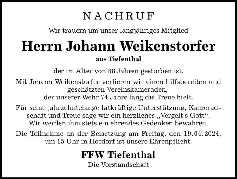 Traueranzeige Johann Weikenstorfer