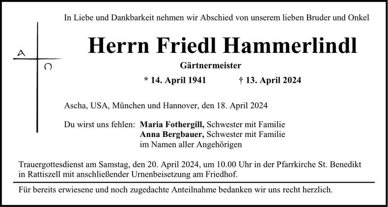 Traueranzeige Friedl Hammerlindl