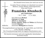 Traueranzeige Franziska Altenbeck