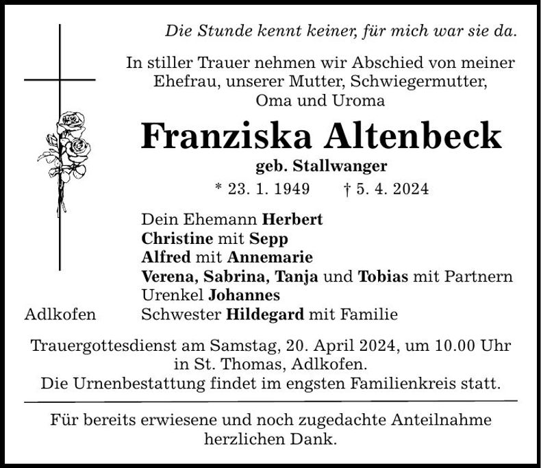 Traueranzeige Franziska Altenbeck