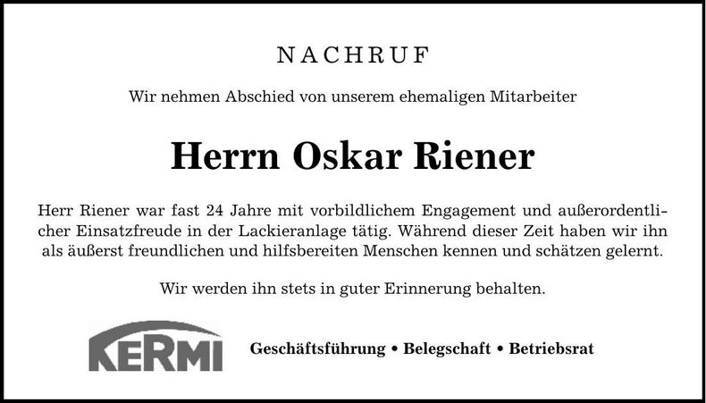 Traueranzeige Oskar Riener