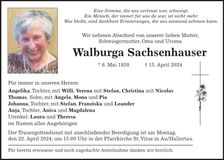 Traueranzeige Walburga Sachsenhauser