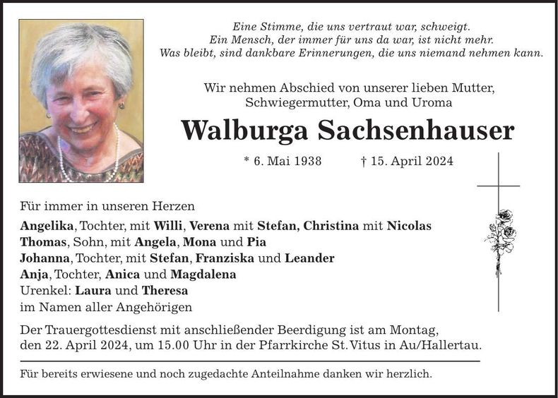Traueranzeige Walburga Sachsenhauser