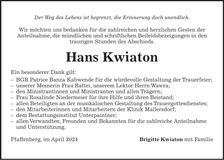 Traueranzeige Hans Kwiaton