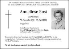 Traueranzeige Anneliese Rost