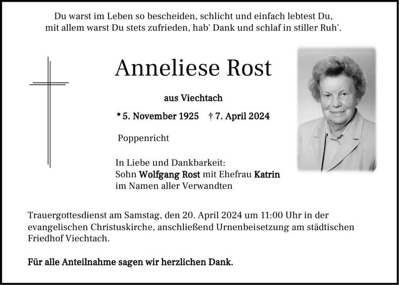 Traueranzeige Anneliese Rost