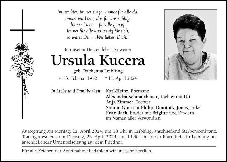 Traueranzeige Ursula Kucera