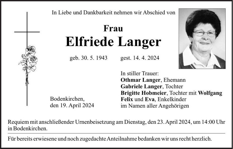Traueranzeige Elfriede Langer