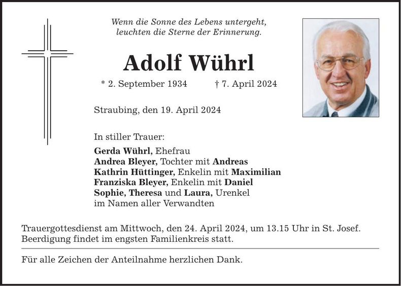 Traueranzeige Adolf Wührl