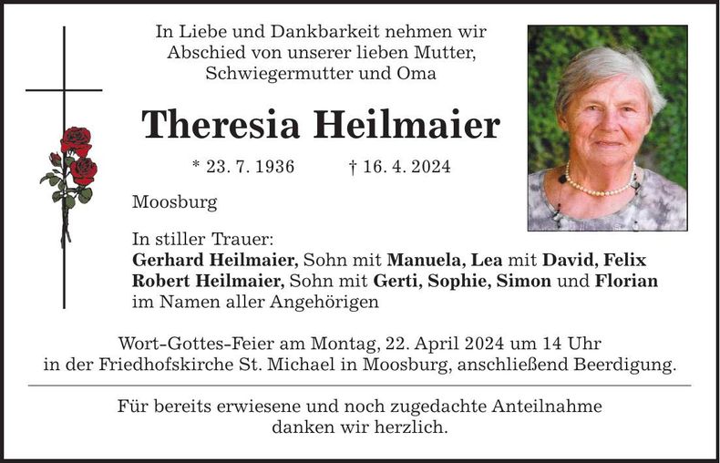 Traueranzeige Theresia Heilmaier