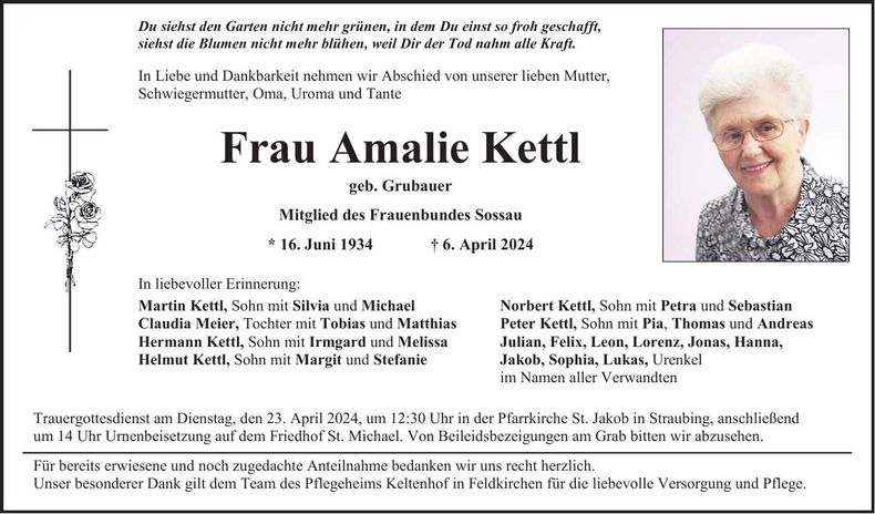 Traueranzeige Amalie Kettl