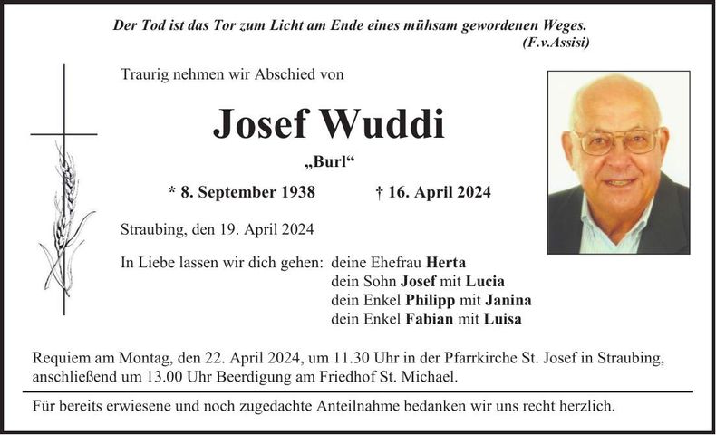 Traueranzeige Josef Wuddi
