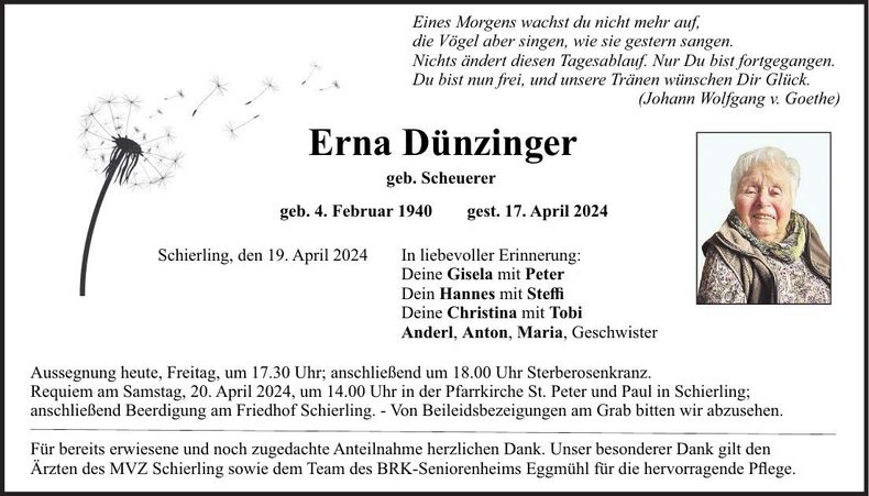 Traueranzeige Erna Dünzinger