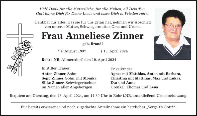 Traueranzeige Anneliese Zinner