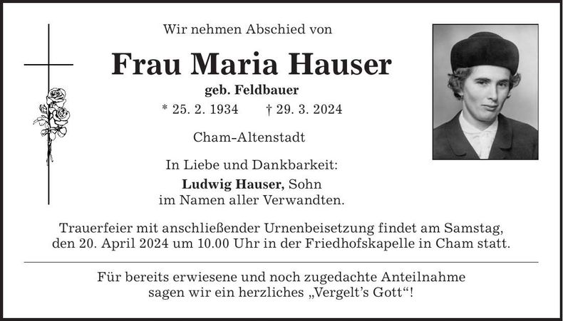Traueranzeige Maria Hauser
