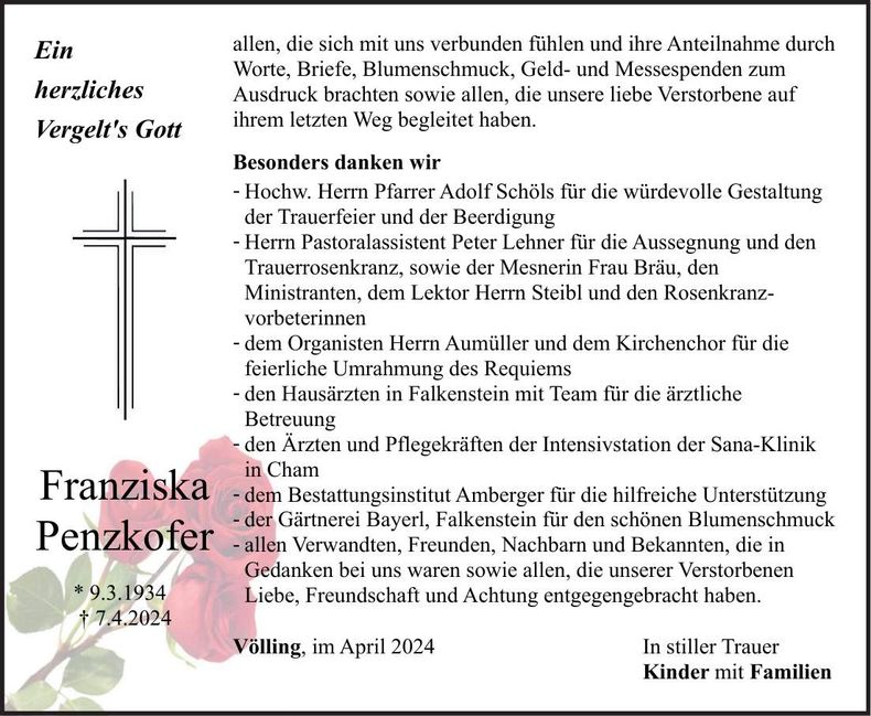 Traueranzeige Franziska Penzkofer