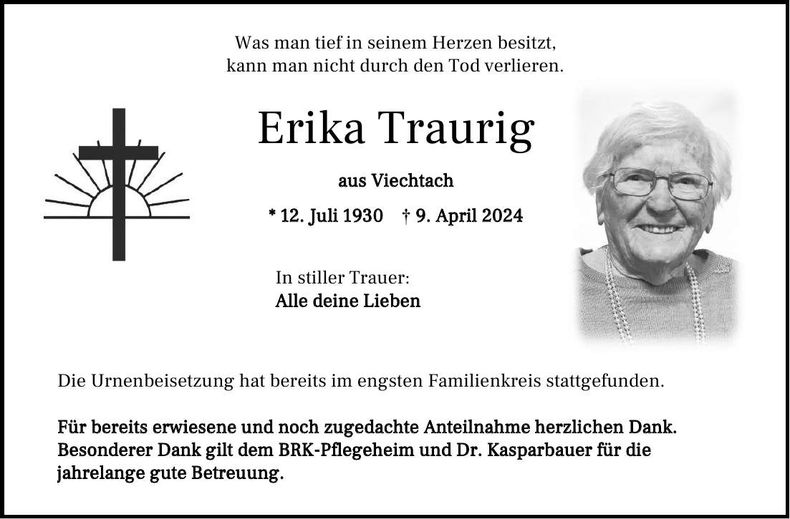 Traueranzeige Erika Traurig