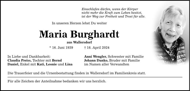 Traueranzeige Maria Burghardt