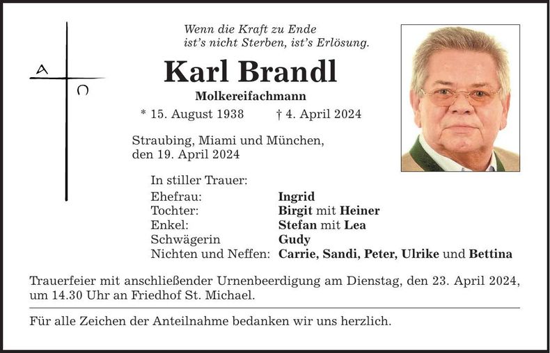 Traueranzeige Karl Brandl