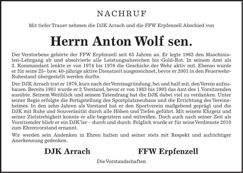 Traueranzeige Anton Wolf