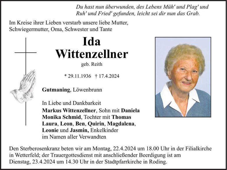 Traueranzeige Ida Wittenzellner