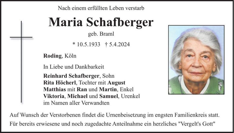 Traueranzeige Maria Schafberger