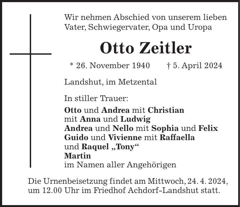 Traueranzeige Otto Zeitler