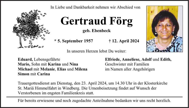 Traueranzeige Gertraud Förg