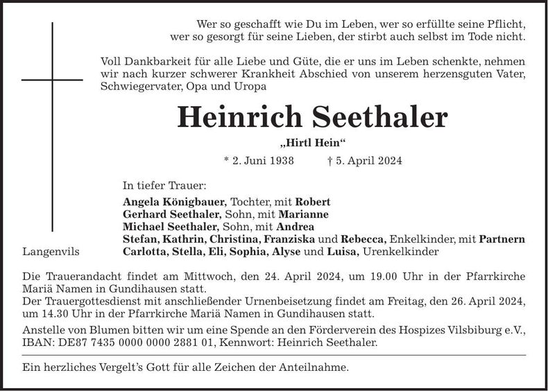 Traueranzeige Heinrich Seethaler