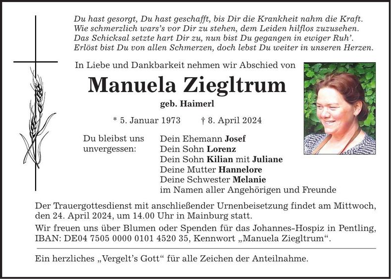 Traueranzeige Manuela Ziegeltrum